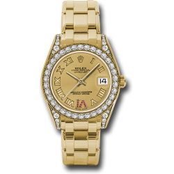  *Pre-Owned* Rolex Yellow Gold Datejust Pearlmaster 34 Watch - 34 Diamond Bezel - Champagne Ruby Roman Vi Roman Dial
