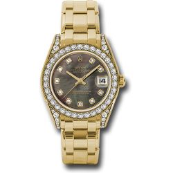  *Pre-Owned* Rolex Yellow Gold Datejust Pearlmaster 34 Watch - 34 Diamond Bezel - Black Mother-Of-Pearl Diamond Dial