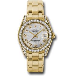  *Pre-Owned* Rolex Yellow Gold Datejust Pearlmaster 34 Watch - 34 Diamond Bezel - White Mother-Of-Pearl Roman Dial
