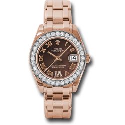 *Pre-Owned* Rolex Everose Gold Datejust Pearlmaster 34 Watch - 32 Diamond Bezel - Chocolate Roman Dial