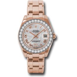  *Pre-Owned* Rolex Everose Gold Datejust Pearlmaster 34 Watch - 32 Diamond Bezel - White Mother-Of-Pearl Roman Dial