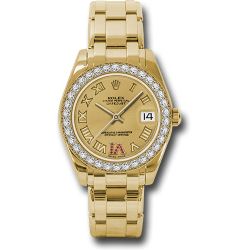  *Pre-Owned* Rolex Yellow Gold Datejust Pearlmaster 34 Watch - 34 Diamond Bezel - Champagne Ruby Roman Vi Roman Dial