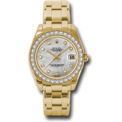  *Pre-Owned* Rolex Yellow Gold Datejust Pearlmaster 34 Watch - 34 Diamond Bezel - White Mother-Of-Pearl Diamond Dial