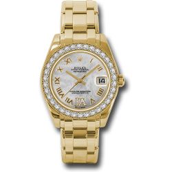  *Pre-Owned* Rolex Yellow Gold Datejust Pearlmaster 34 Watch - 34 Diamond Bezel - White Mother-Of-Pearl Roman Dial