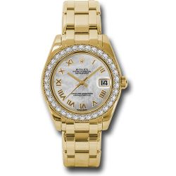  *Pre-Owned* Rolex Yellow Gold Datejust Pearlmaster 34 Watch - 34 Diamond Bezel - White Mother-Of-Pearl Roman Dial