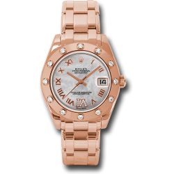  *Pre-Owned* Rolex Everose Gold Datejust Pearlmaster 34 Watch - 12 Diamond Bezel - White Mother-Of-Pearl Roman Dial