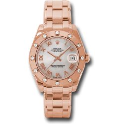  *Pre-Owned* Rolex Pink Gold Datejust Pearlmaster 34 Watch - 12 Diamond Bezel - Mother-Of-Pearl Roman Dial