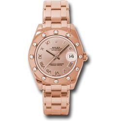  *Pre-Owned* Rolex Everose Gold Datejust Pearlmaster 34 Watch - 12 Diamond Bezel - Pink Roman Dial