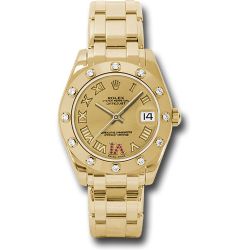  *Pre-Owned* Rolex Yellow Gold Datejust Pearlmaster 34 Watch - 12 Diamond Bezel - Champagne Ruby Roman Vi Roman Dial