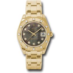  *Pre-Owned* Rolex Yellow Gold Datejust Pearlmaster 34 Watch - 12 Diamond Bezel - Black Mother-Of-Pearl Diamond Dial