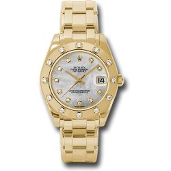  *Pre-Owned* Rolex Yellow Gold Datejust Pearlmaster 34 Watch - 12 Diamond Bezel - White Mother-Of-Pearl Diamond Dial