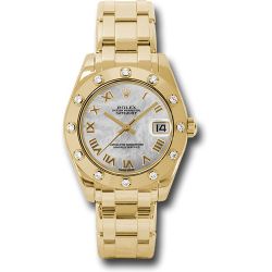  *Pre-Owned* Rolex Yellow Gold Datejust Pearlmaster 34 Watch - 12 Diamond Bezel - White Mother-Of-Pearl Roman Dial