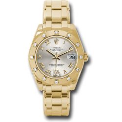  *Pre-Owned* Rolex Yellow Gold Datejust Pearlmaster 34 Watch - 12 Diamond Bezel - Silver Diamond Roman VI Dial