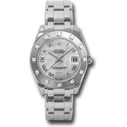  *Pre-Owned* Rolex White Gold Datejust Pearlmaster 34 Watch - 12 Diamond Bezel - White Mother-Of-Pearl Roman Dial
