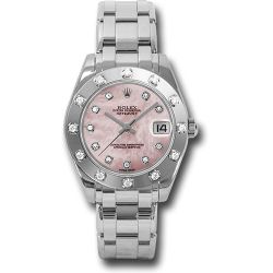  *Pre-Owned* Rolex White Gold Datejust Pearlmaster 34 Watch - 12 Diamond Bezel - Pink Mother-Of-Pearl Diamond Dial