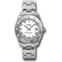 *Pre-Owned* Rolex White Gold Datejust Pearlmaster 34 Watch - 12 Diamond Bezel - White Roman Dial