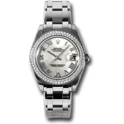  *Pre-Owned* Rolex White Gold Datejust Pearlmaster 34 Watch - 116 Diamond Bezel - Mother-Of-Pearl Roman Dial
