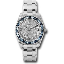  *Pre-Owned* Rolex White Gold Datejust Pearlmaster 34 Watch - 12 Blue And 24 Light-Blue Sapphire Baguettes Bezel - Diamond Paved Roman Dial