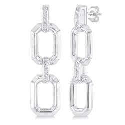 Silver Bold Rectangular Shape Link Diamond Fashion Earrings