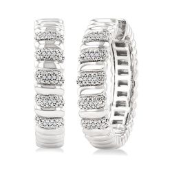 Silver Bold Ribbed Diamond Hoop Fashion Earrings