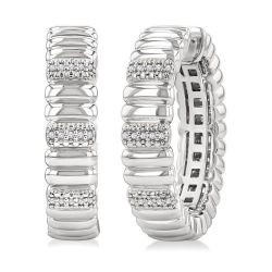 Silver Bold Ribbed Diamond Hoop Earrings