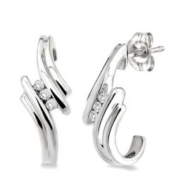 Silver 3 Stone Diamond Fashion Half Hoop Earrings