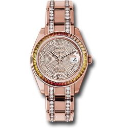  *Pre-Owned* Rolex Everose Gold Datejust Pearlmaster 39 Watch - 48 Orange To Yellow Gradient Baguette-Cut Sapphires Bezel - 18K Everose Gold Diamond Paved Dial