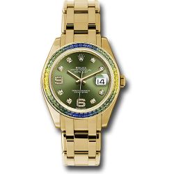  *Pre-Owned* Rolex Yellow Gold Datejust Pearlmaster 39 Watch - 48 Blue To Green Gradient Baguette-Cut Sapphires Bezel - Olive Green Diamond Dial