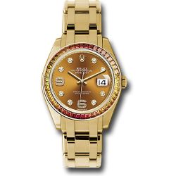  *Pre-Owned* Rolex Yellow Gold Datejust Pearlmaster 39 Watch - 48 Orange To Yellow Gradient Baguette-Cut Sapphires Bezel - Cognac Diamond Dial