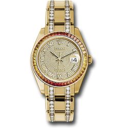  *Pre-Owned* Rolex Yellow Gold Datejust Pearlmaster 39 Watch - 48 Orange To Yellow Gradient Baguette-Cut Sapphires Bezel - 18K Yellow Gold Diamond Paved Dial