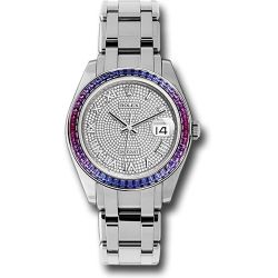  *Pre-Owned* Rolex White Gold Datejust Pearlmaster 39 Watch - 48 Blue To Fuchsia Pink Gradient Baguette-Cut Sapphires Bezel - 18K White Gold Diamond Paved Dial