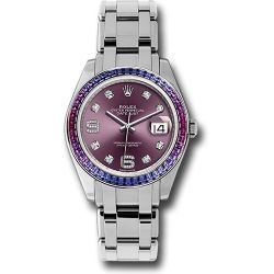  *Pre-Owned* Rolex White Gold Datejust Pearlmaster 39 Watch - 48 Blue To Fuchsia Pink Gradient Baguette-Cut Sapphires Bezel - Red Grape Diamond Dial