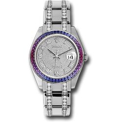  *Pre-Owned* Rolex White Gold Datejust Pearlmaster 39 Watch - 48 Blue To Fuchsia Pink Gradient Baguette-Cut Sapphires Bezel - 18K White Gold Diamond Paved Dial