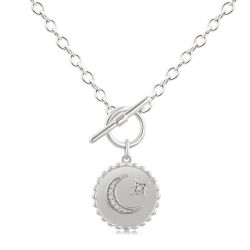 Silver Crescent Moon & Star Toggle Diamond Fashion Necklace