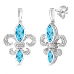 Silver Fleur De Lis Gemstone & Diamond Earrings