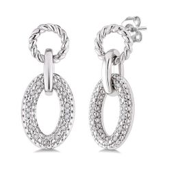 Silver Bold Oval Rope Link Diamond Earrings