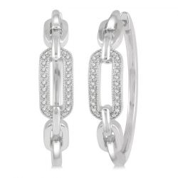 Silver Paper Clip Diamond Hoop Earrings