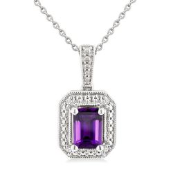 Silver Emerald Shape Gemstone & Diamond Pendant