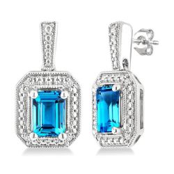 Silver Emerald Shape Gemstone & Diamond Earrings