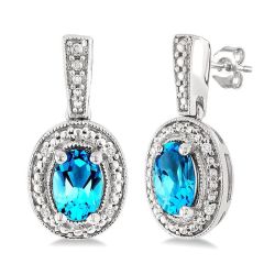 Silver Oval Shape Gemstone & Diamond Earrings