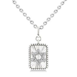 Silver Rectangle Star Of David Fluted Medallion Diamond Pendant