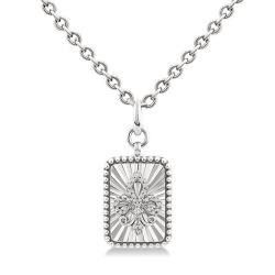 Silver Rectangle Fleur-De-Lis Fluted Medallion Diamond Pendant