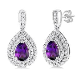 Silver Pear Shape Gemstone & Diamond Earrings