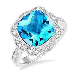 Silver Cushion Shape Gemstone & Diamond Ring