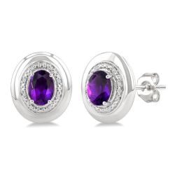 Silver Oval Shape Gemstone & Diamond Earrings