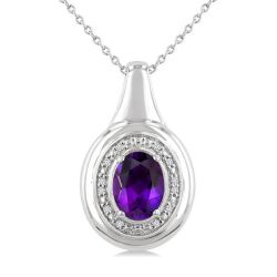 Silver Oval Shape Gemstone & Diamond Pendant