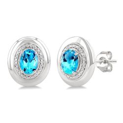 Silver Oval Shape Gemstone & Diamond Earrings