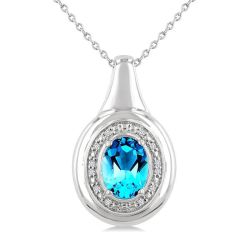 Silver Oval Shape Gemstone & Diamond Pendant