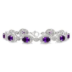 Stephanie Silver Oval Shape Amethyst Gemstone & 1/10CTW Diamond Bracelet