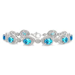Nancy Silver Oval Blue Topaz Shape Gemstone & 1/10CTW Diamond Bracelet